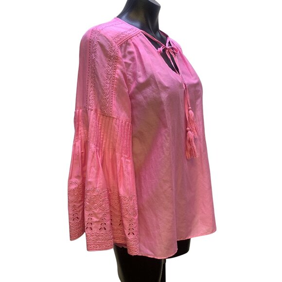 Kobi Halperin Pink Blouse With Embroidered Bell Sleeves, Size Small - Picture 2 of 6